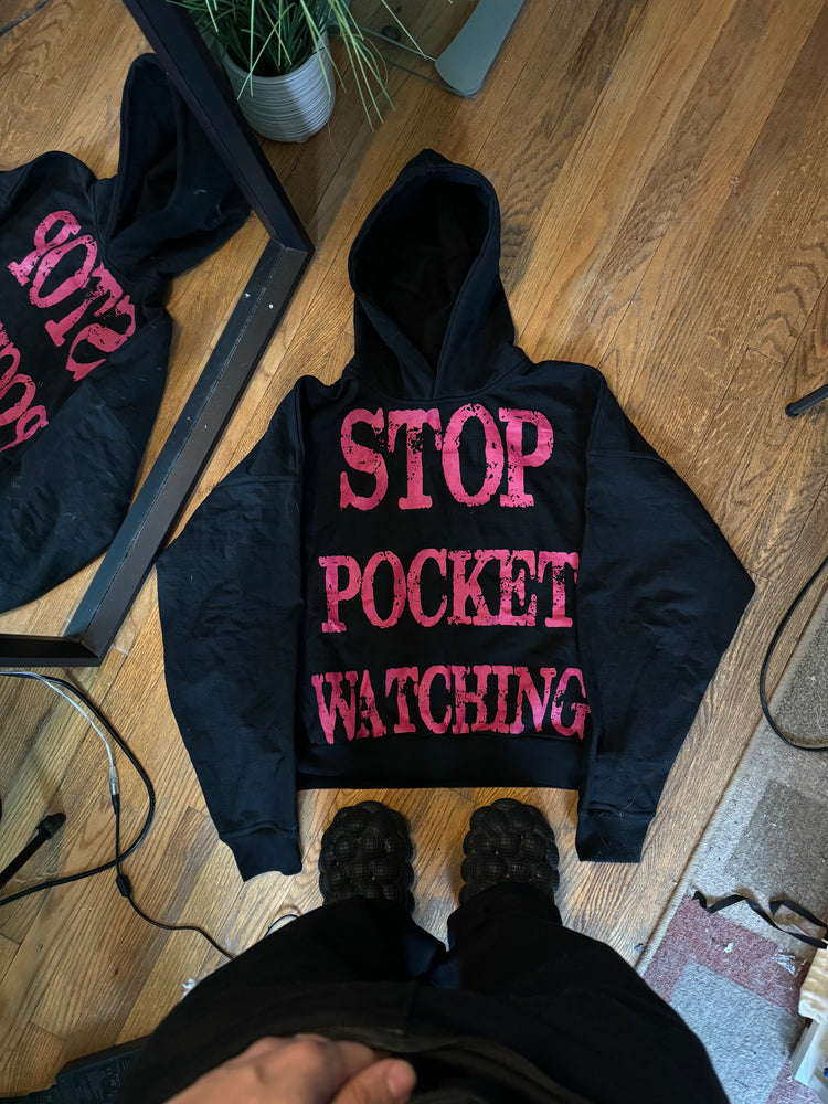 Black and pink stop pocket watching hoodie