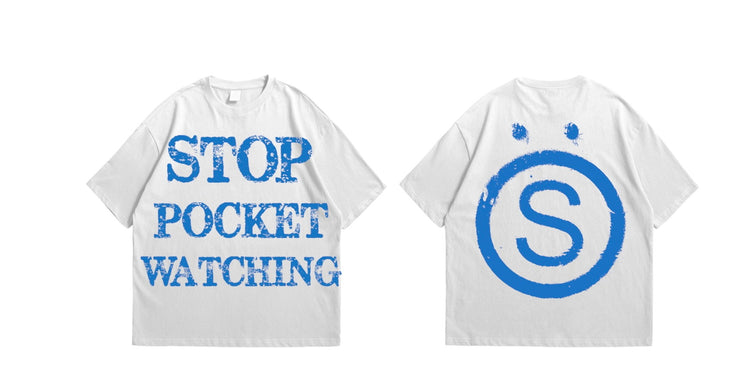 White and blue stop pocket watching tee