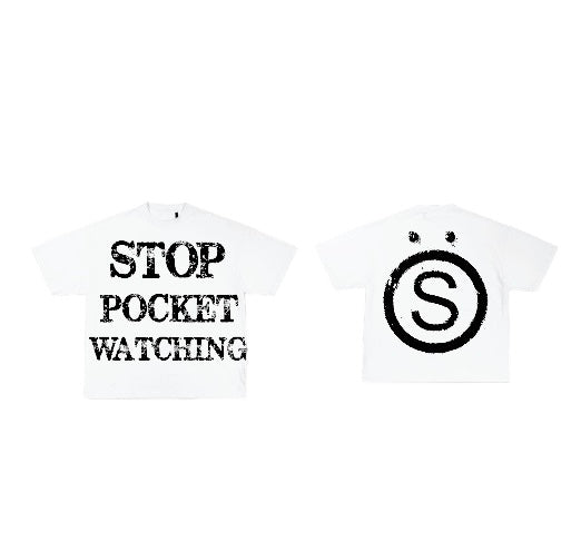 White and black stop pocket watching tee